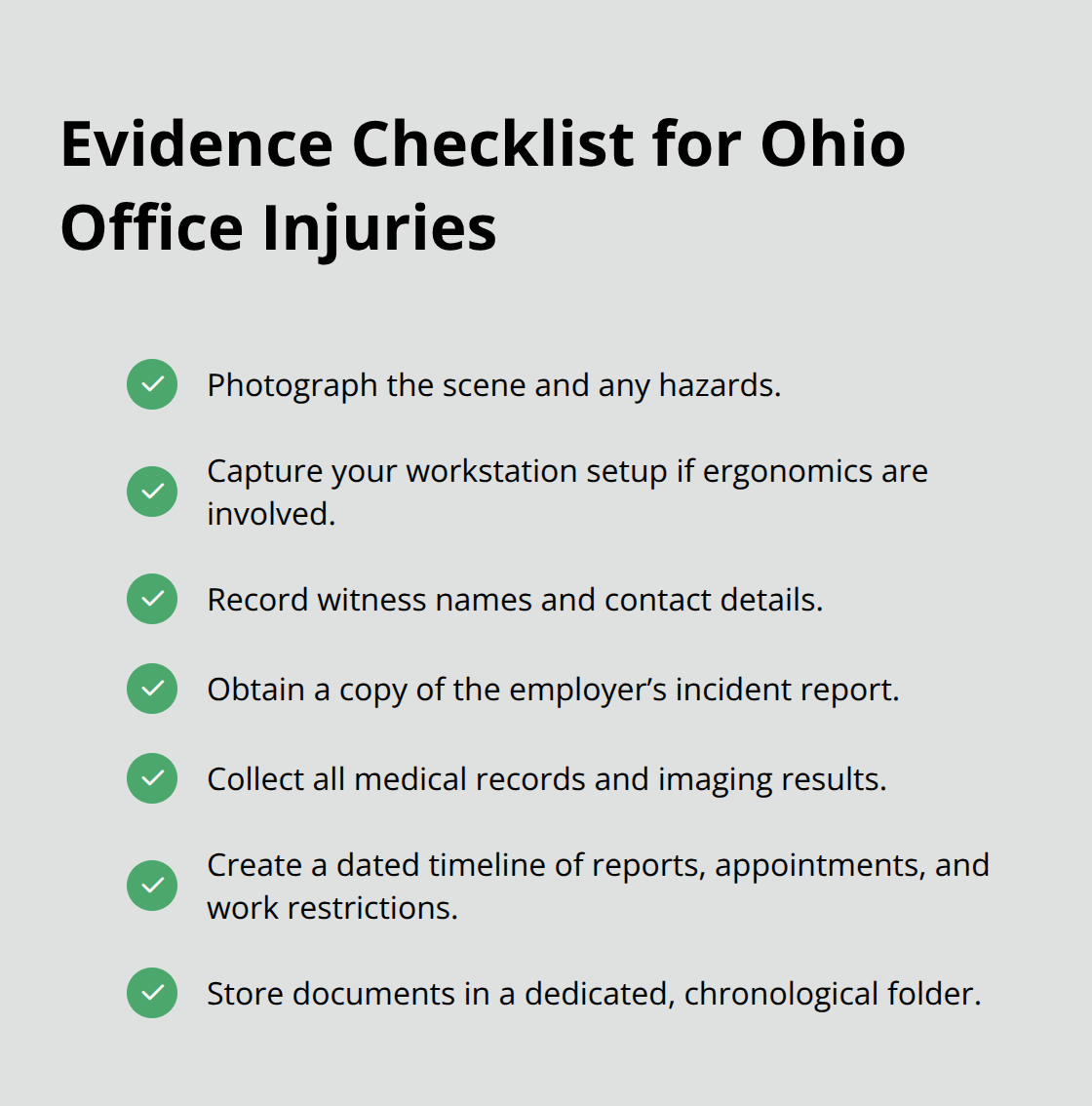 Checkmark list of key evidence items to collect after an Ohio office injury. - Office worker compensation rights