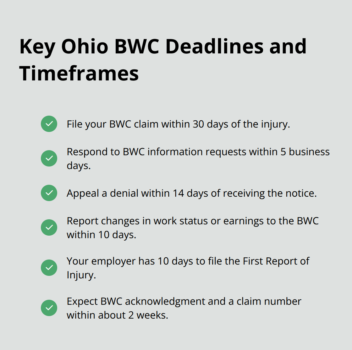 Checklist highlighting critical Ohio BWC deadlines and response windows for injured workers.