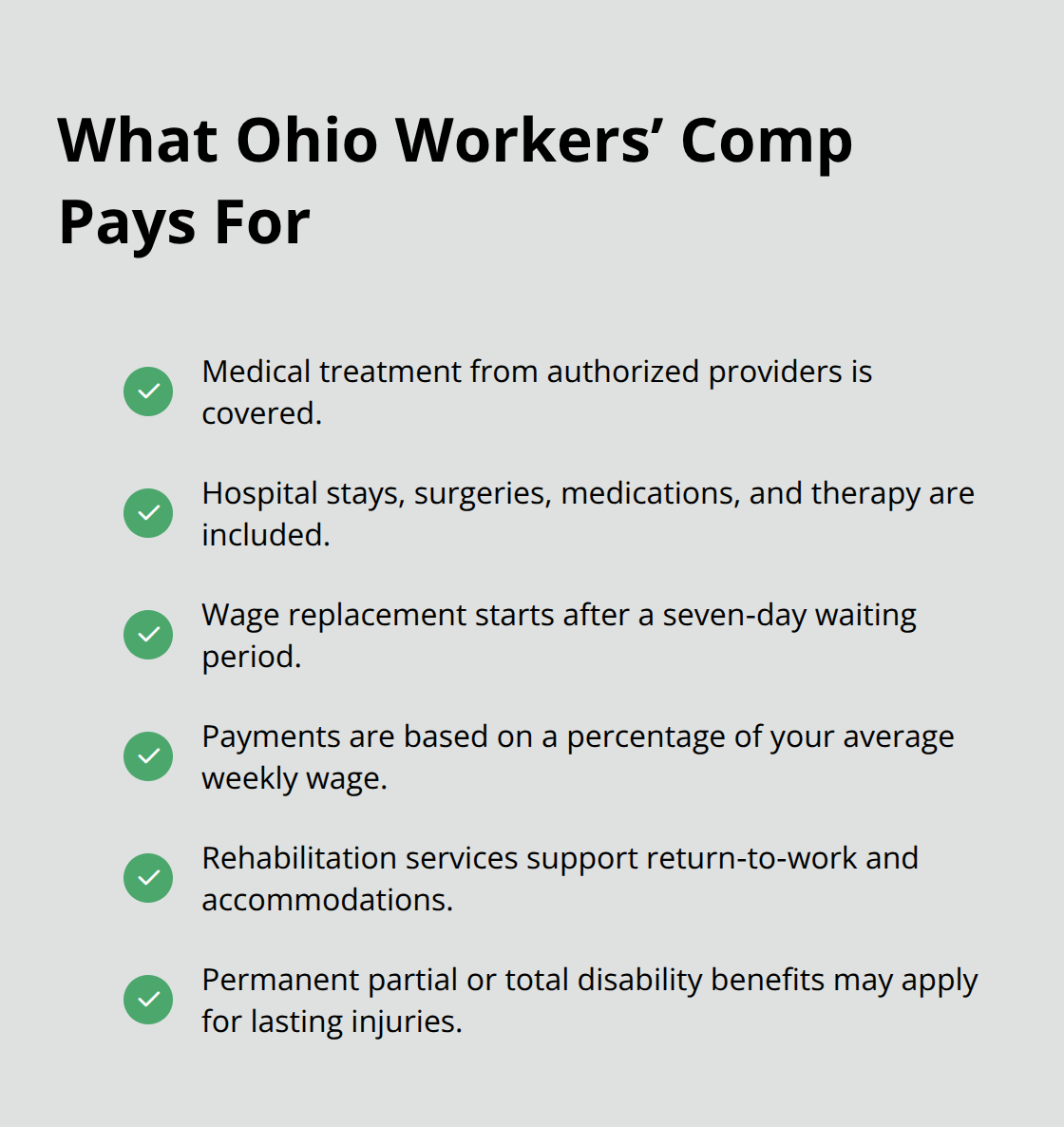 Checkmark list of covered benefits under Ohio workers’ compensation. - Ohio workers comp overview