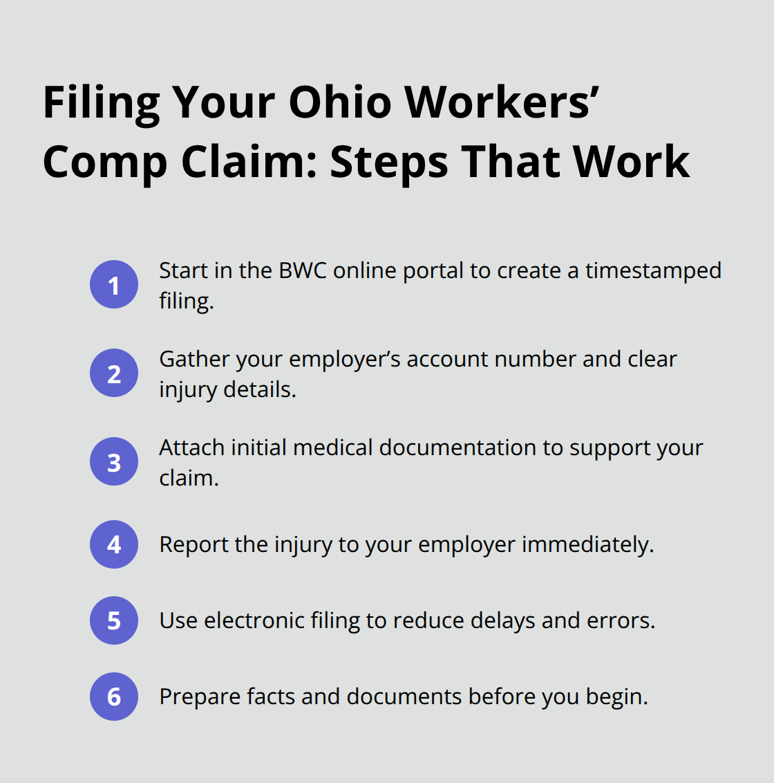 Compact list of action steps to file an Ohio workers’ comp claim effectively