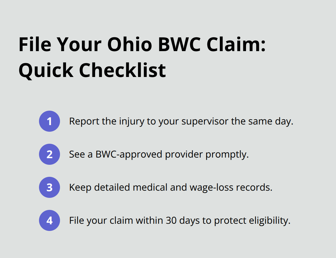 Compact checklist of essential steps to correctly file an Ohio BWC workers’ compensation claim. - Ohio workers compensation resources