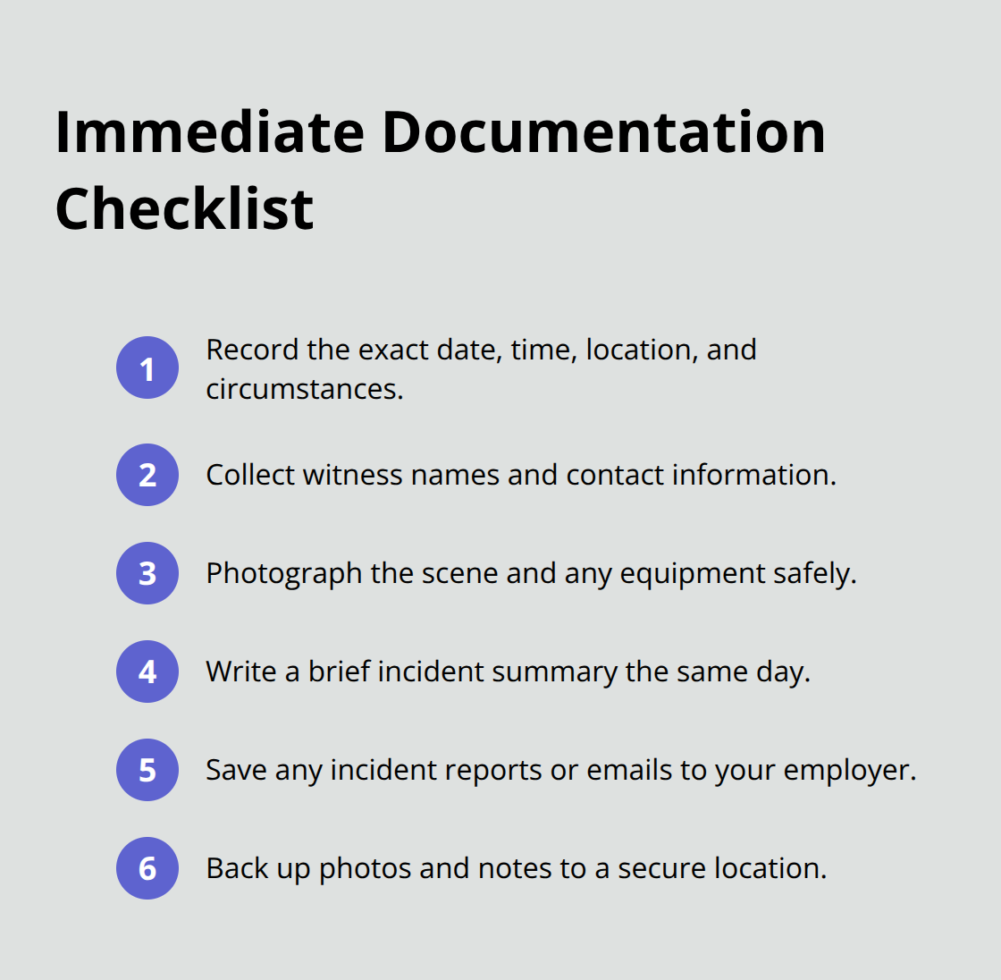 Compact checklist of what to capture right after a workplace injury in Ohio. - Ohio workplace injury claim