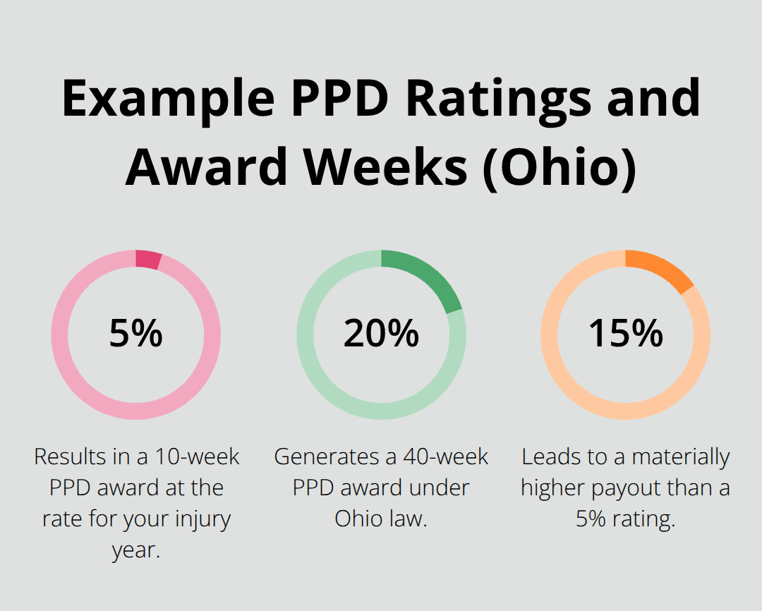 Visual showing example Ohio PPD impairment percentages and their corresponding award weeks. - Permanent partial disability Ohio