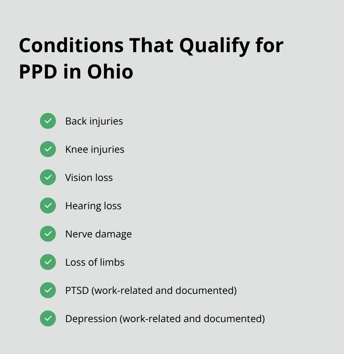 Checklist of injuries and conditions that can qualify for PPD benefits