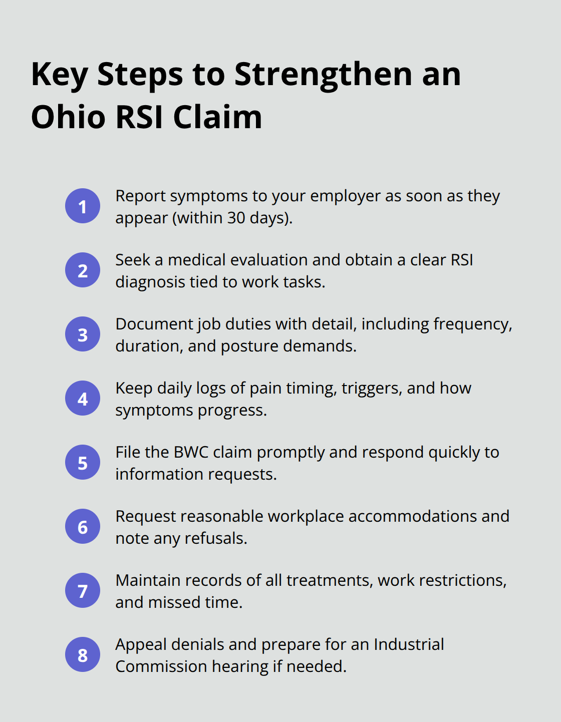 Compact checklist of steps to report, document, and pursue an RSI workers’ compensation claim in Ohio - Repetitive strain injury rights