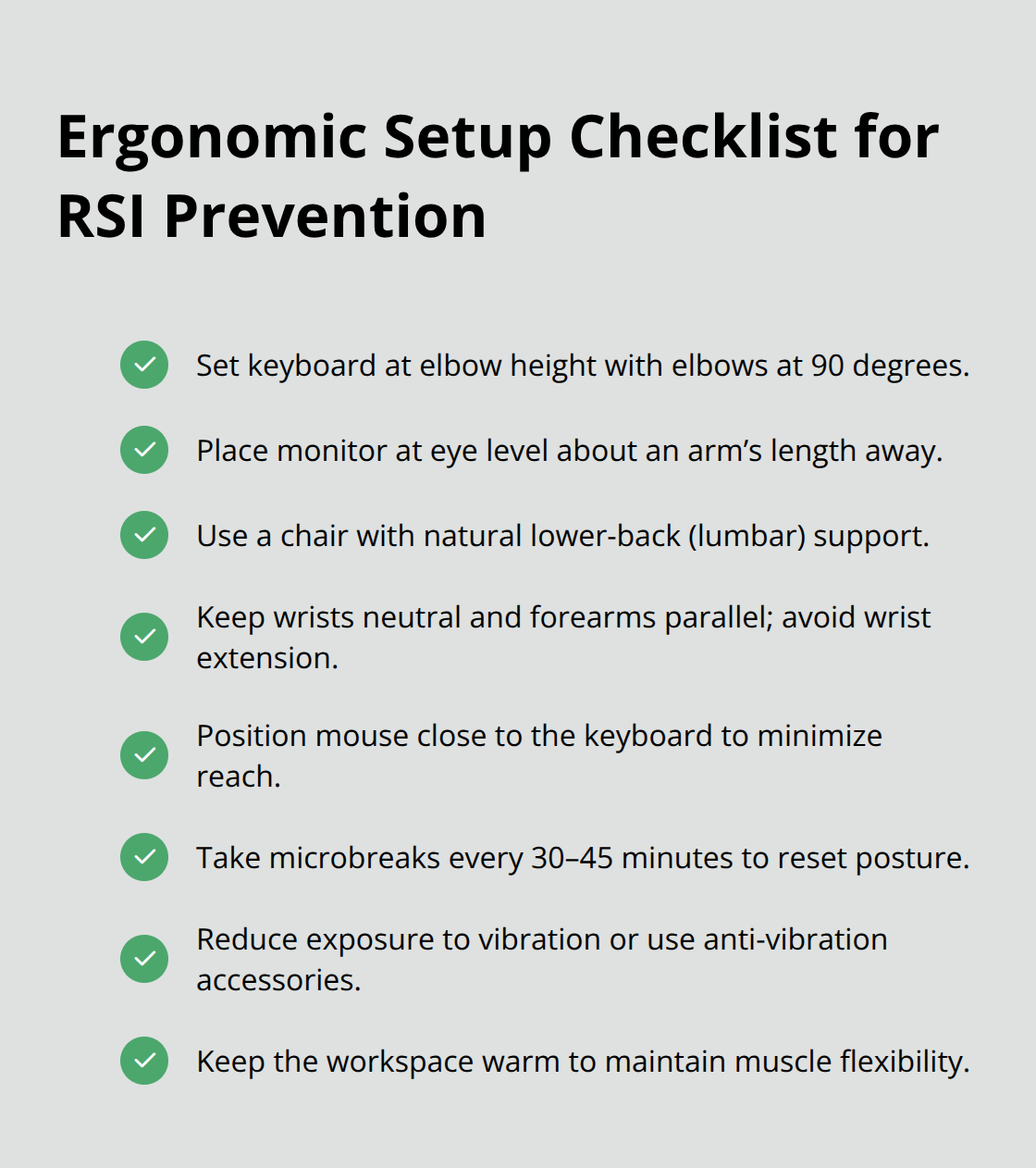 Checkmark list of workstation adjustments to reduce repetitive strain injury risk