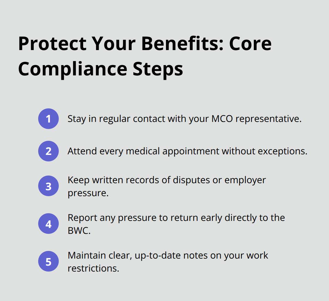 Compact checklist of essential steps to keep your Ohio workers’ compensation benefits protected.
