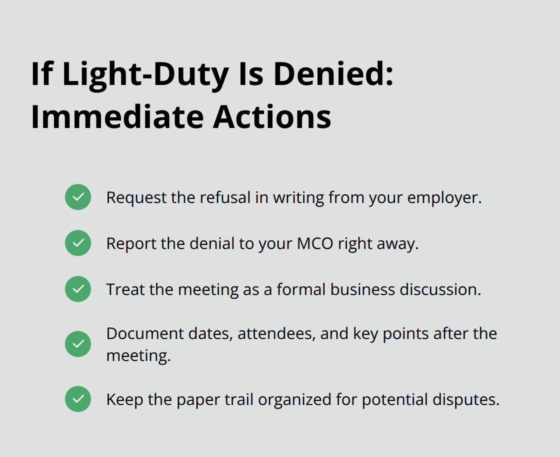 Checkmark list of steps to take right away if your employer says no suitable light-duty work exists. - Return to work Ohio
