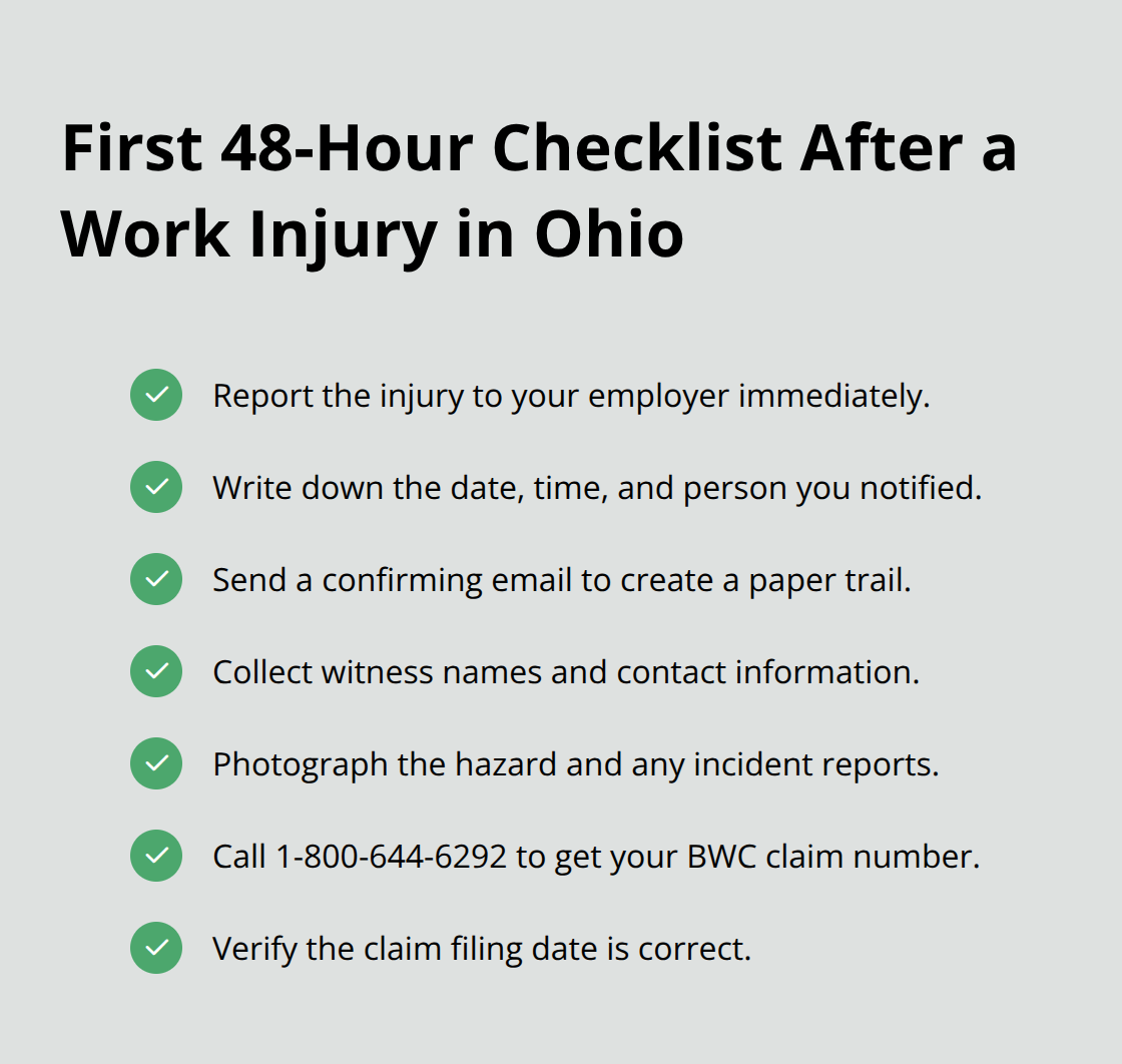 Checklist of immediate steps to protect your Ohio workers’ compensation claim in the first 48 hours. - Return to work Ohio