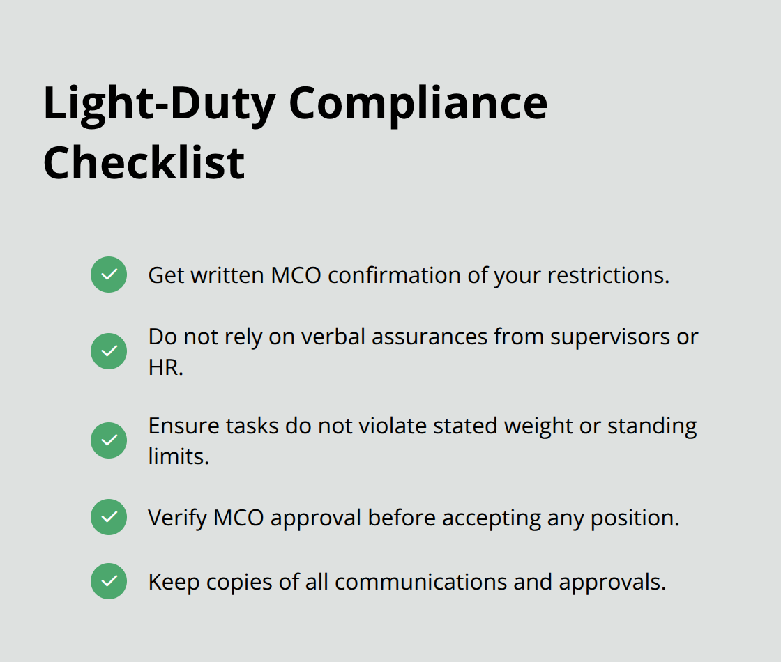 Checklist of actions to confirm light-duty work matches your medical restrictions in Ohio. - Return to work Ohio rights