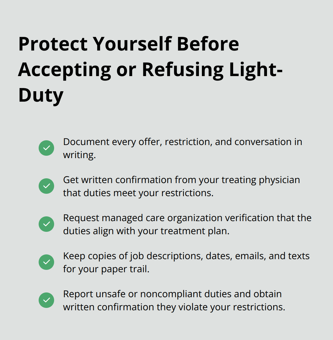 Checklist of protective steps injured Ohio workers should take before deciding on light-duty work - Return to work rights