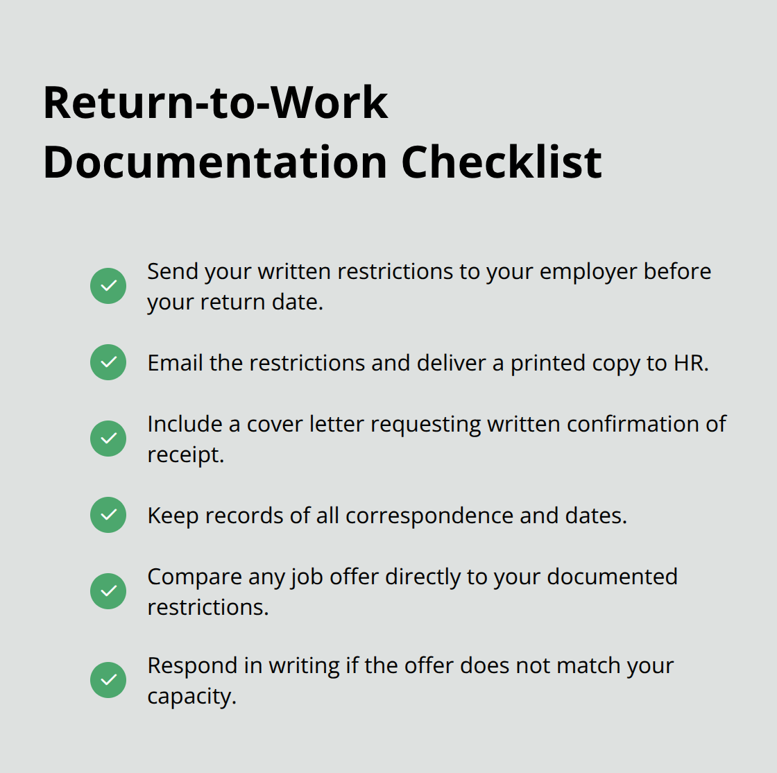 Checklist of actions to document restrictions and evaluate job offers - Return to work rights