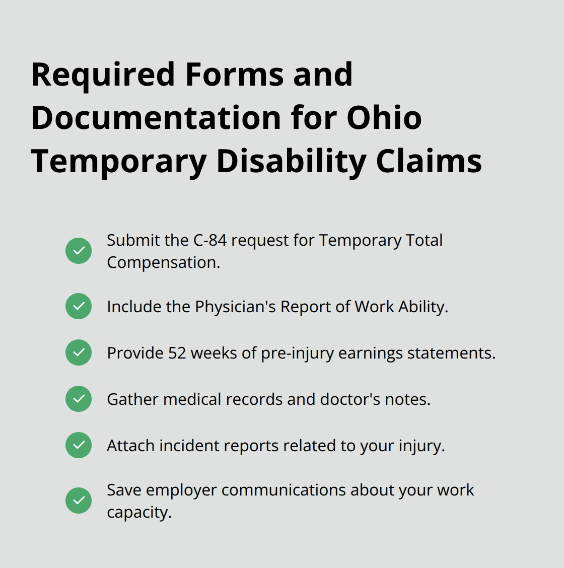 Checklist of forms and records to file a temporary disability claim in Ohio