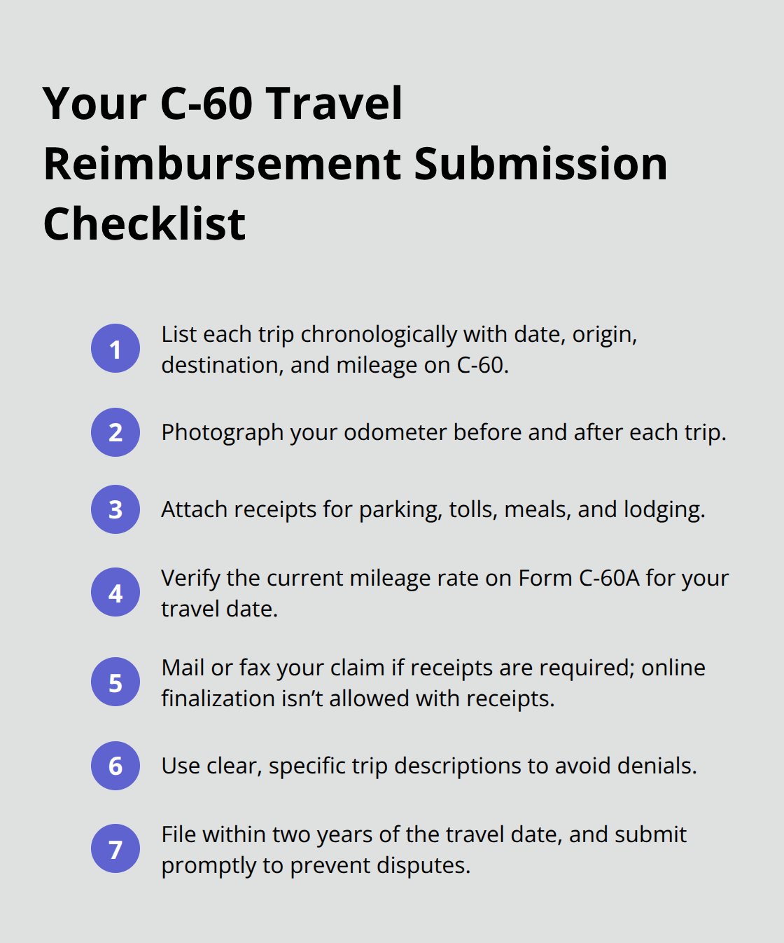 Compact checklist of steps and requirements to submit Ohio BWC travel reimbursement using Form C-60. - Travel reimbursements workers comp