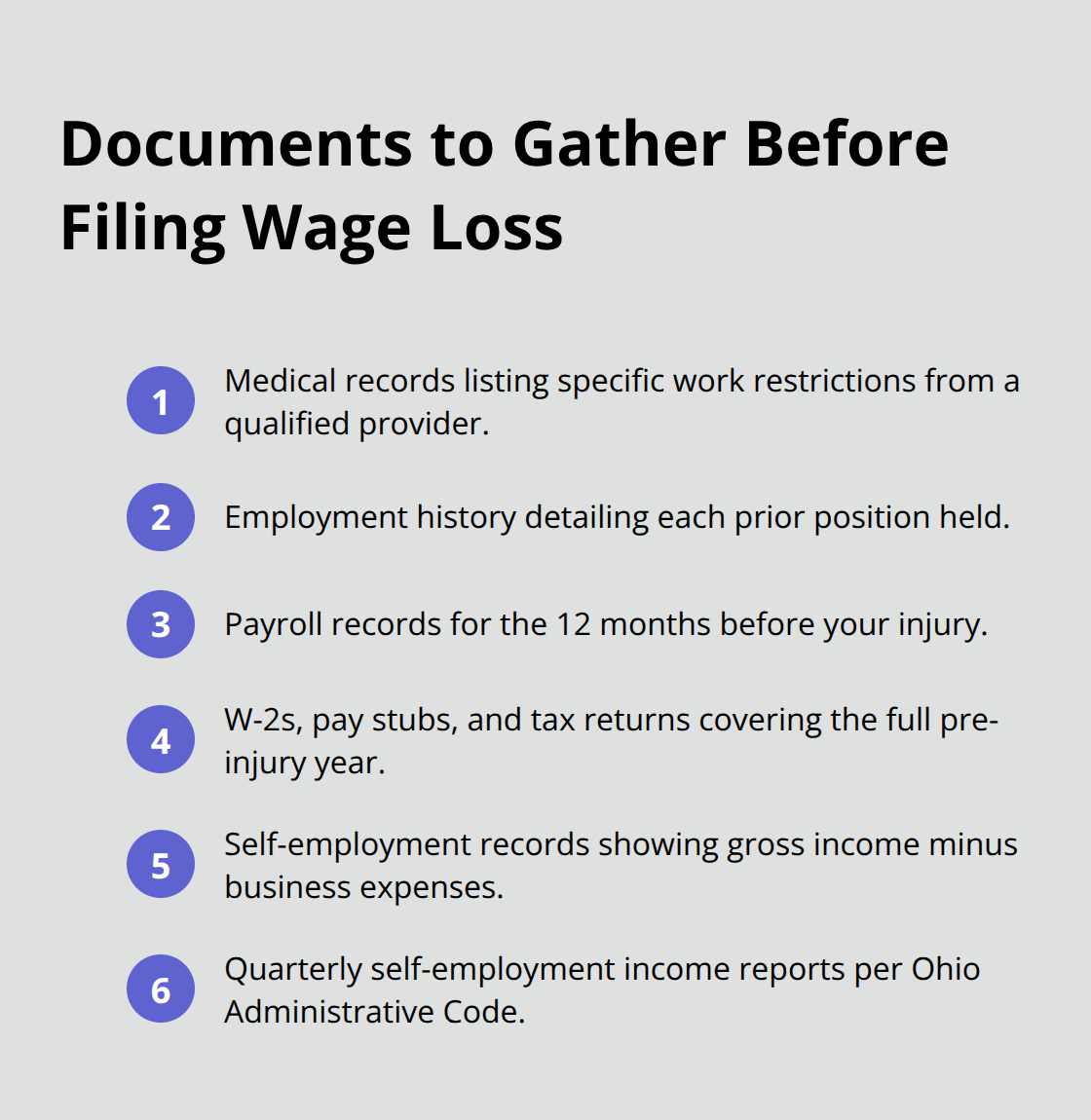 Checklist of records needed for an Ohio wage loss claim.
