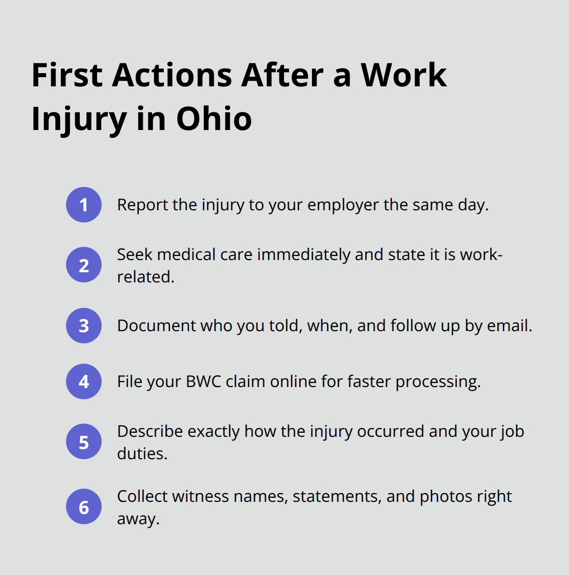 Compact checklist of immediate post-injury steps for Ohio workers. - Workplace injury rights Ohio