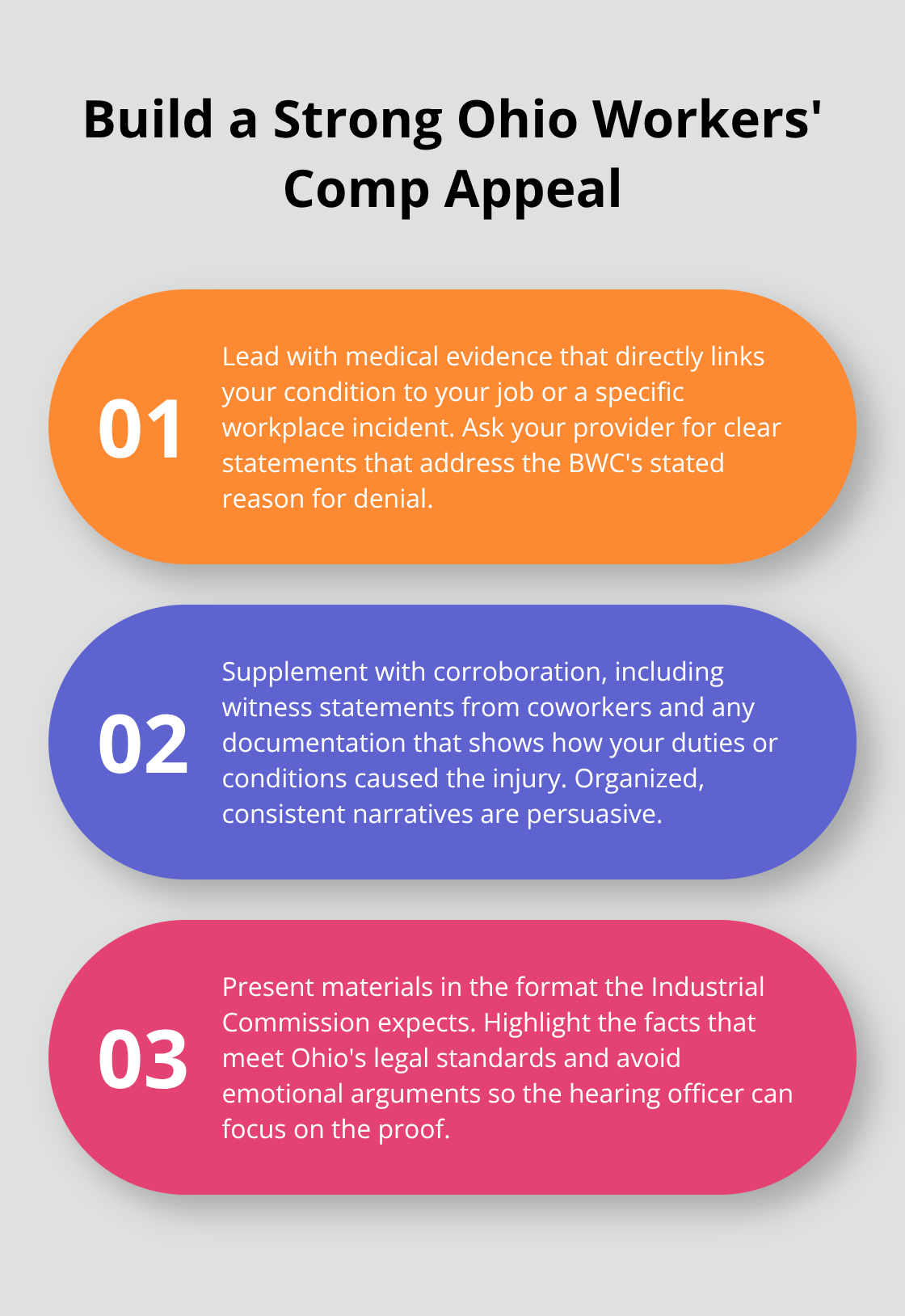 Three key steps to strengthen an appeal after a BWC denial. - Workplace injury rights Ohio
